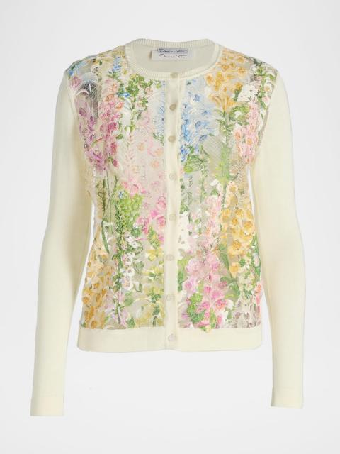 Oscar de la Renta Printed Foxgloves Lace Insert Cardigan
