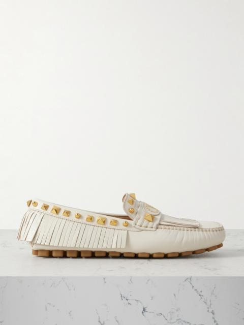 Valentino Plaster Caster Driver Fringed Studded Textured-leather Loafers