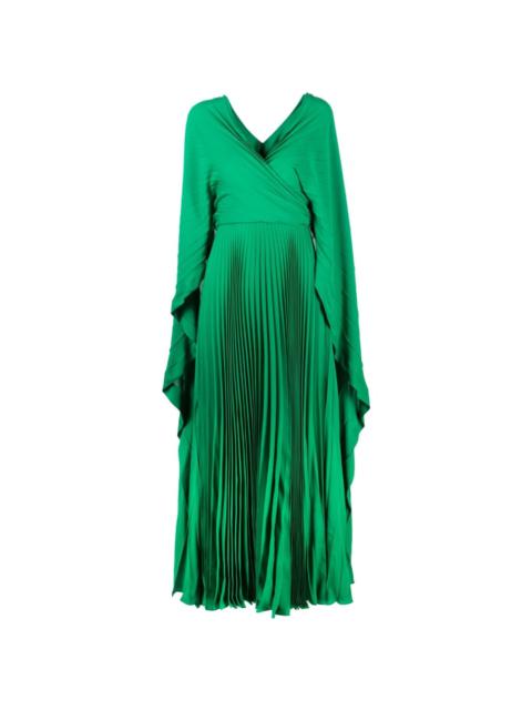 V-neck pleated silk long dress