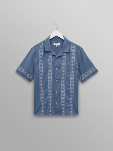 Wax London Didcot - Blue And Ecru Embroidered Short-Sleeve Shirt