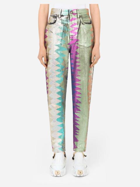 Foiled jeans with multi-colored glitch print