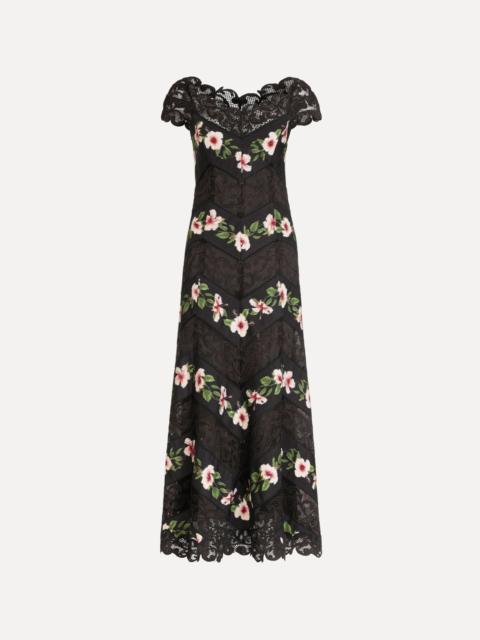 Oscar de la Renta CHINÉ HIBISCUS STRIPED FAILLE MIDI DRESS