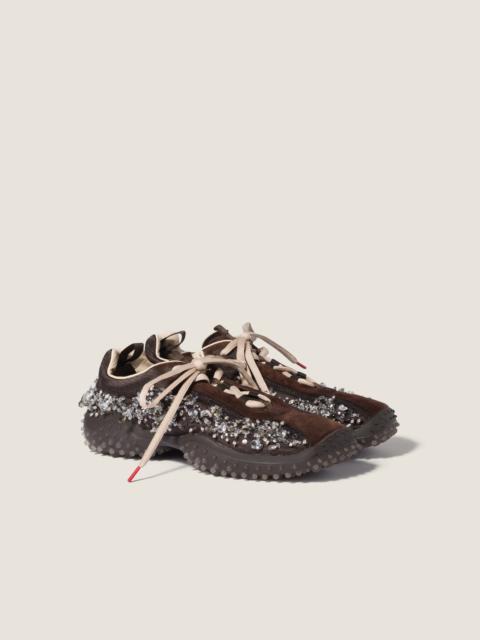 Miu Miu Bubble embroidered technical fabric and suede sneakers