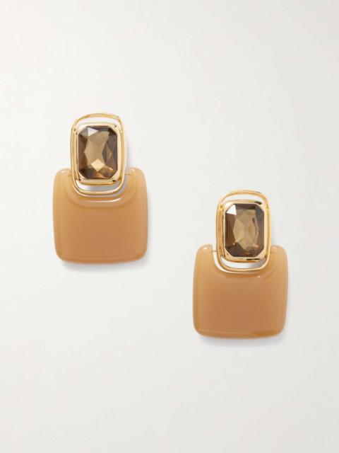 Gold-tone, crystal and resin clip earrings Light brown