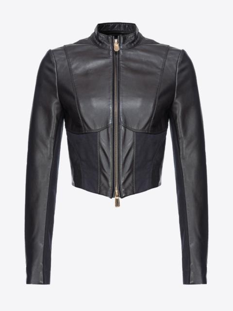 SHORT LEATHER AND FABRIC BIKER JACKET