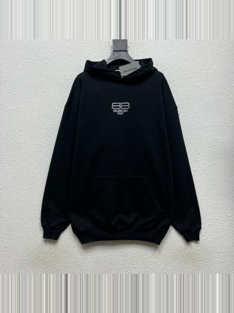 BALENCIAGA Balenciaga Black Rhinestone Zip-Pull Logo Washed Hooded Sweater