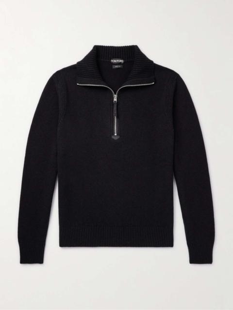 Suede-Trimmed Wool-Blend Half-Zip Sweater