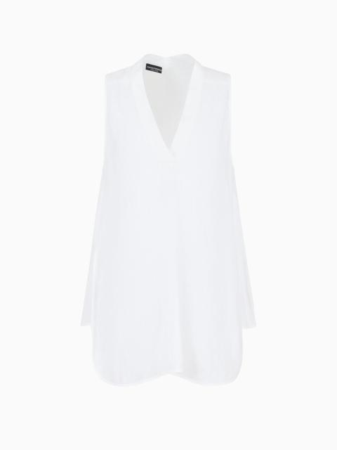 EMPORIO ARMANI Oversized V-neck top in linen with asymmetric hem
