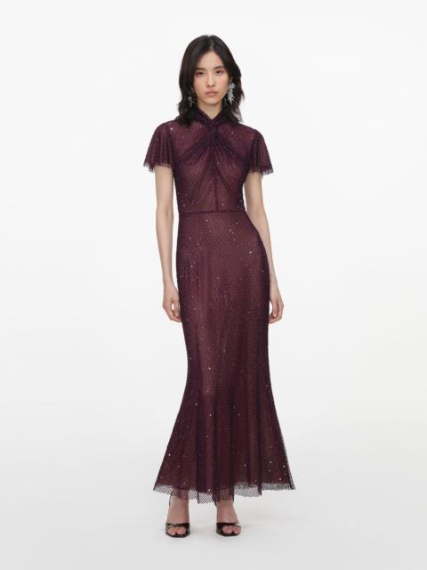 self-portrait Burgundy Rhinestone Fishnet Midi Dress
