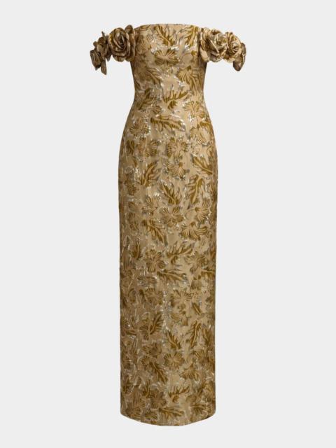 MAC DUGGAL Brocade 3D Flower Off-The-Shoulder Gown