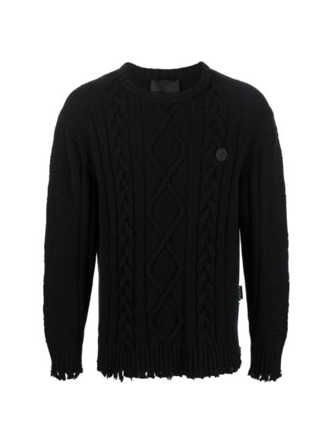 cable-knit distressed-finish jumper