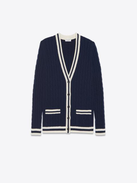 SAINT LAURENT long knit college cardigan in braided cashmere