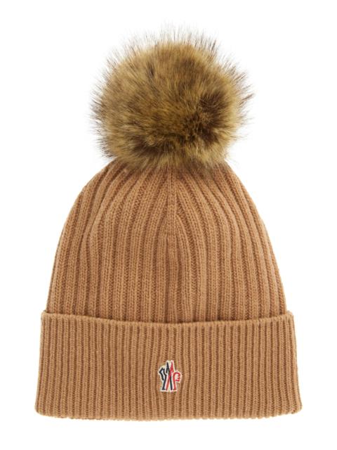 Moncler Grenoble Cashmere & Wool Rib Beanie with Faux Fur Pompom