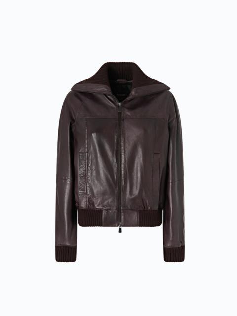 PINKO LEATHER BOMBER JACKET WITH FOLD-DOWN COLLAR