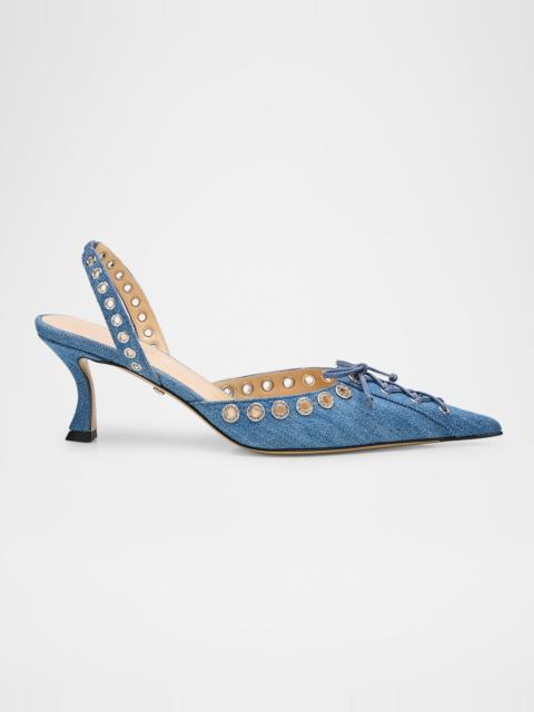 MACH & MACH Crystalized Corset Denim Slingback Pumps
