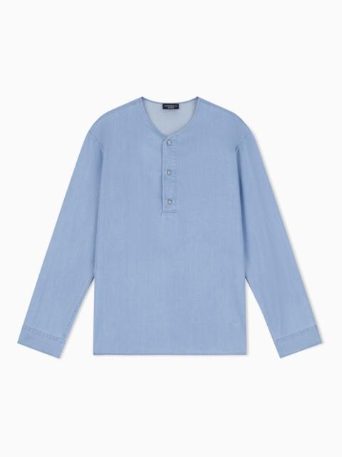 EMPORIO ARMANI ICON LIGHTWEIGHT DENIM SHIRT WITH HENLEY COLLAR