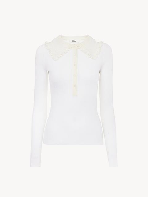 Chloé COLLARED HENLEY SHIRT IN SUPERFINE WOOL KNIT & LACE