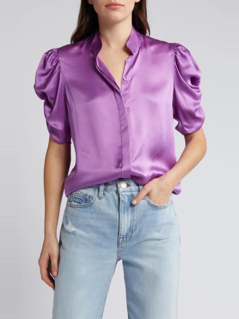 Puff Sleeve Silk Button-Up Shirt
