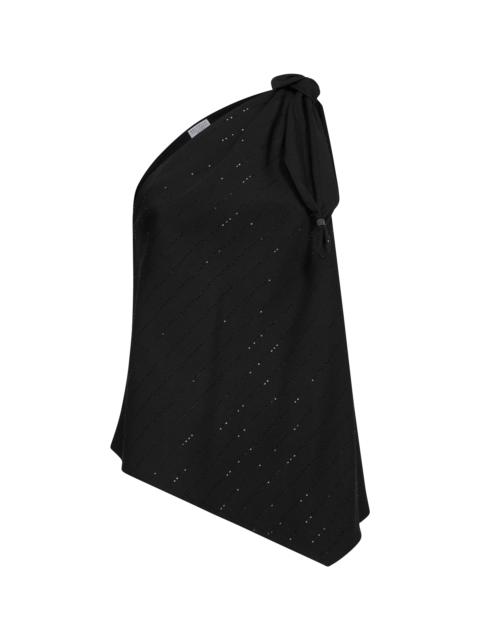 Black twill one-shoulder top with sequin and monili