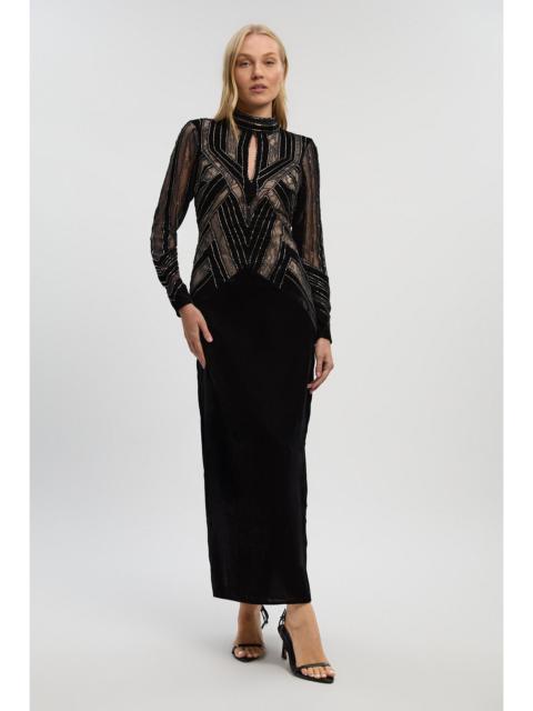 KAREN MILLEN Velvet Embellished Long Sleeve Maxi Dress