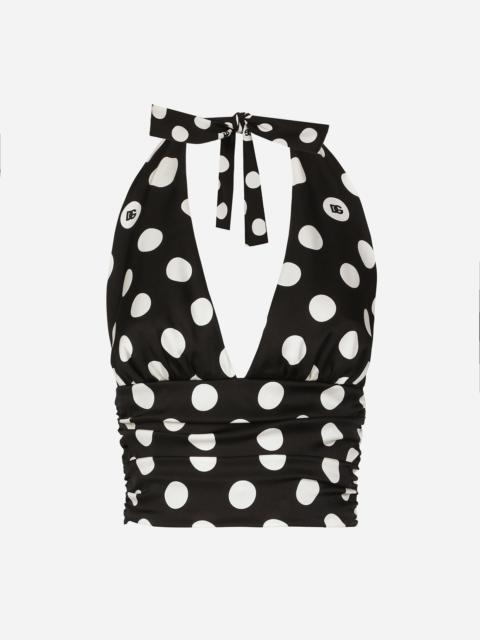 Polka-dot charmeuse top with plunging neckline