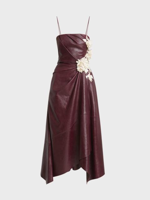 Leather Asymmetric Draped Floral Applique Dress