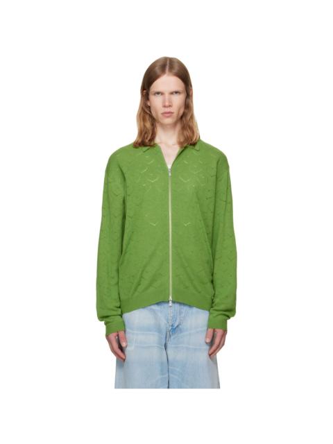 vowels Green Eyelet Knitted Zip-Up Sweater