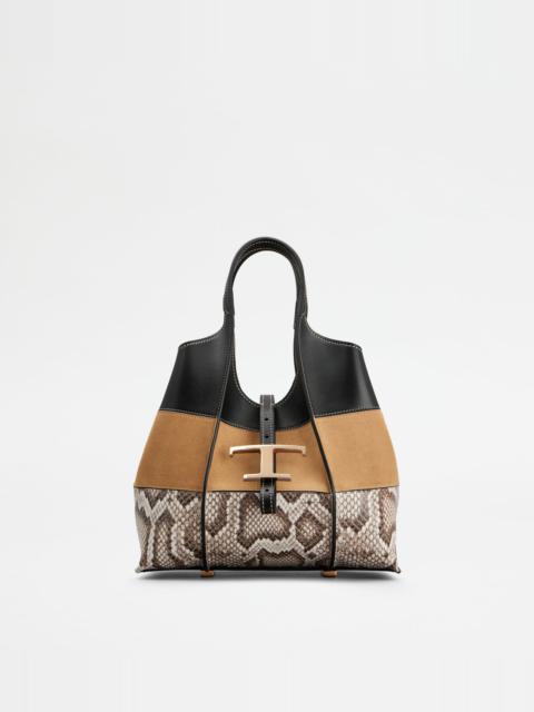 Tod's T TIMELESS SHOPPING BAG IN LEATHER MINI - BROWN, BLACK, BEIGE