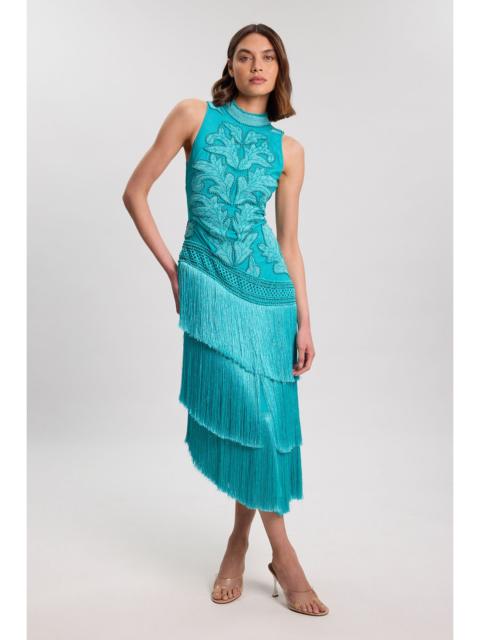 KAREN MILLEN Fringed Asymmetric Beaded Halter Neck Woven Maxi Dress