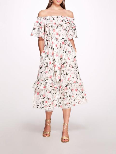 Marchesa ROSIE ROSIE OFF-SHOULDER FLORAL MIDI DRESS