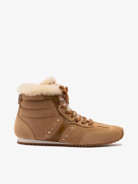 Larroudé Stella Mid Sneaker In Peanut Suede And Natural Shearling