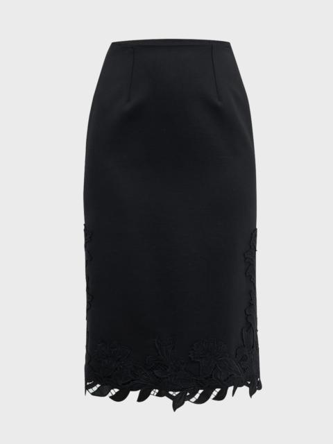Oscar de la Renta Stretch Wool Pencil Skirt with Marbled Carnation Guipure Detail