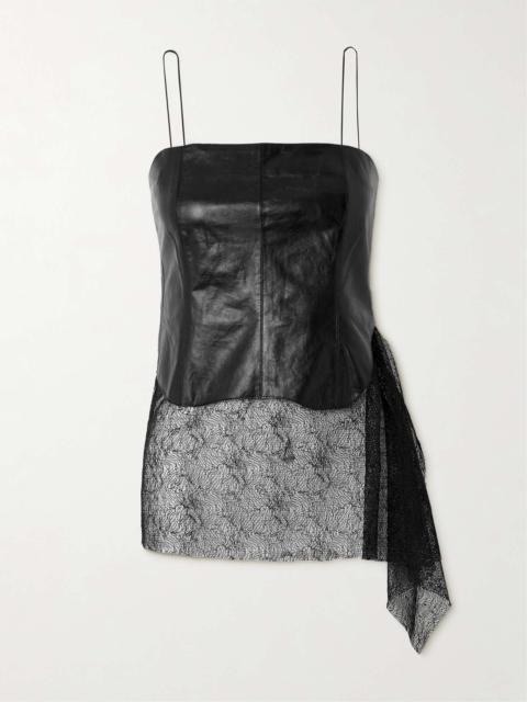 Lace-trimmed asymmetric leather top