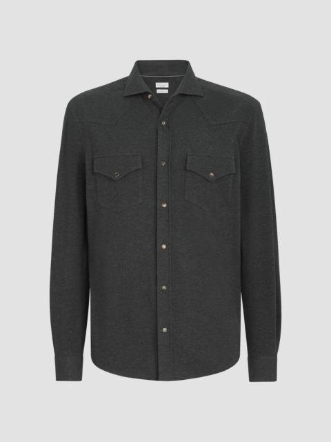 Brunello Cucinelli Men's Cotton Piqué Western Shirt - Anthracite