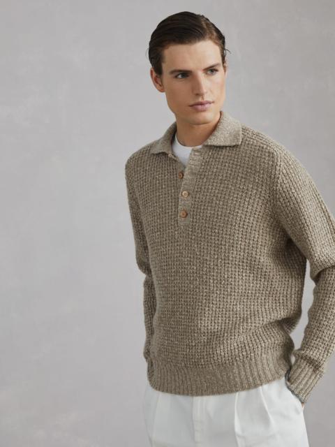 Brunello Cucinelli Flecked soft virgin wool and cashmere waffle stitch knit  polo with long sleeves | REVERSIBLE