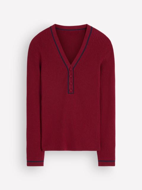 BODEN Paula Ribbed V Neck Jumper-Merlot