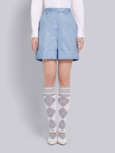Thom Browne Light Blue Cotton Twill Giraffe Icon Embroidered High Waisted Short