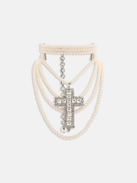 Alessandra Rich MULTI PEARL NECKLACE WITH CRYSTAL CROSS