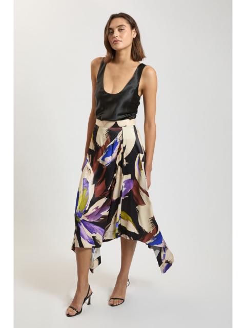 KAREN MILLEN Viscose Satin Crepe Printed Asymetric Hem Skirt