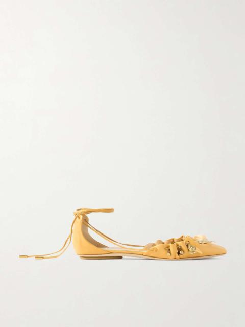 Chloé Gathered embellished leather point-toe flats Pastel yellow