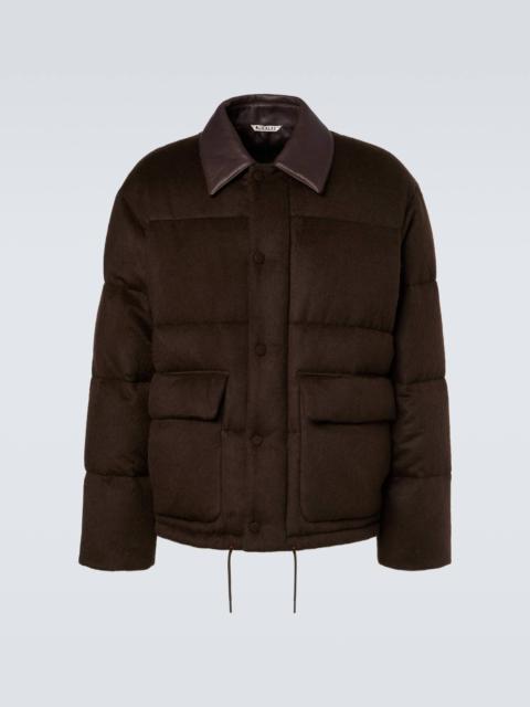 Leather-trimmed camel hair down jacket