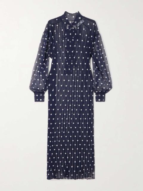 MARIE ADAM-LEENAERDT Polka-dot chiffon-trimmed ribbed-knit midi dress Navy