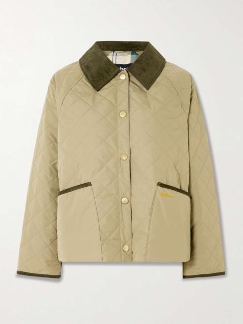 Anise corduroy-trimmed cropped quilted shell jacket Gray green