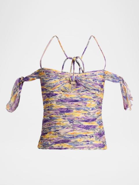 Valentino Off-The-Shoulder Ruched Floral Silk Cutout Top