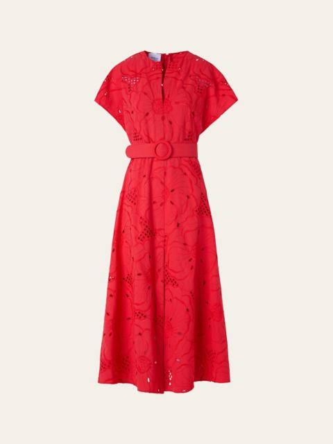 AKRIS Floral Eyelet Embroidered Short-Sleeve Belted Midi Dress