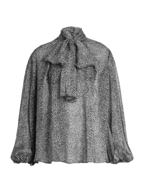 Dolce & Gabbana Women's Italian Tailoring Herringbone Silk Tie-Neck Blouse - Chevron Bco Nero