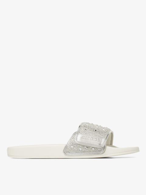 JIMMY CHOO Fitz/M
Ivory Satin and Metallic Nappa Slides with Crystal Embellishment