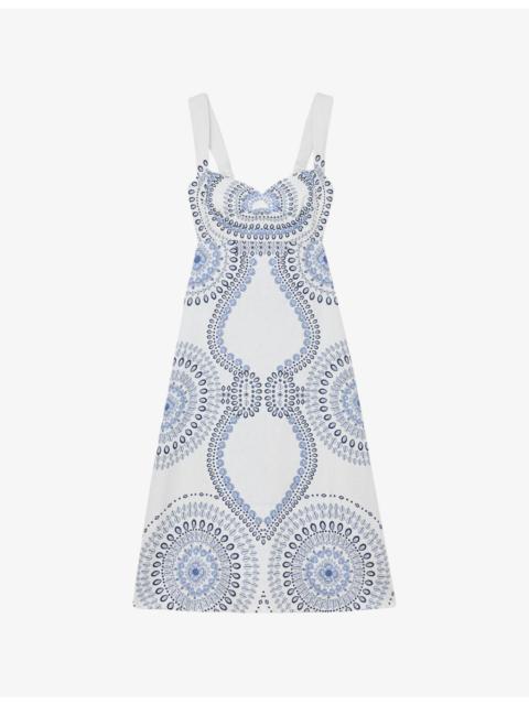 REISS Addison Floral-Print Linen Midi Dress
