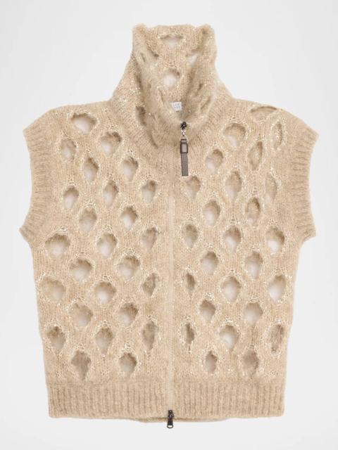 Brunello Cucinelli Turtleneck Paillette Mohair-Blend Open Knit Zip Vest
