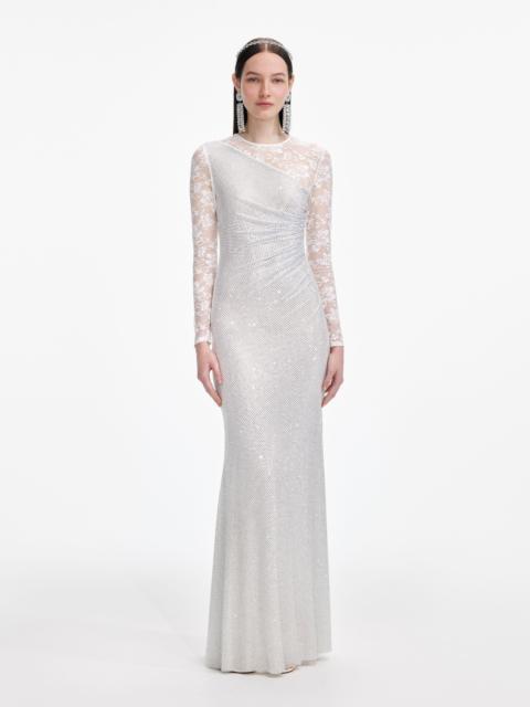 White Rhinestone Lace Sleeves Maxi Dress